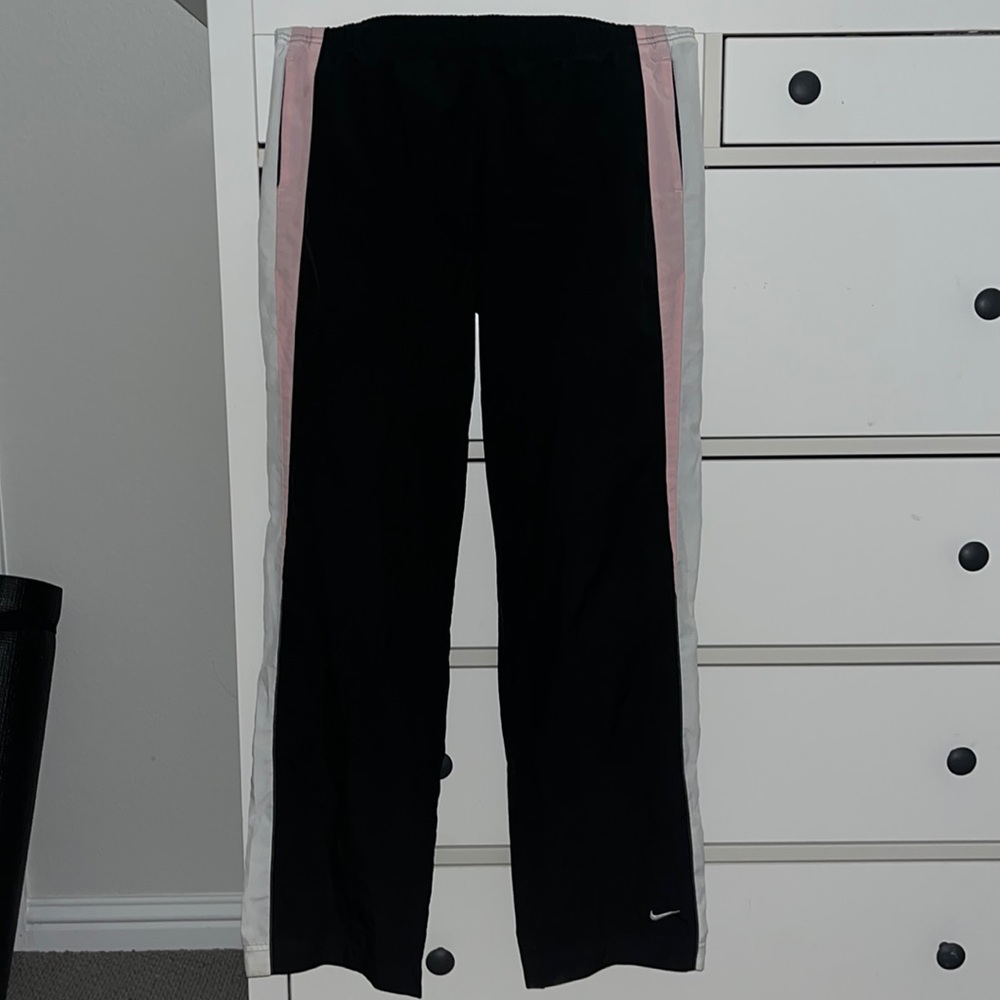 Vintage Nike track pants, white pink stripe detail, stretchy waistband